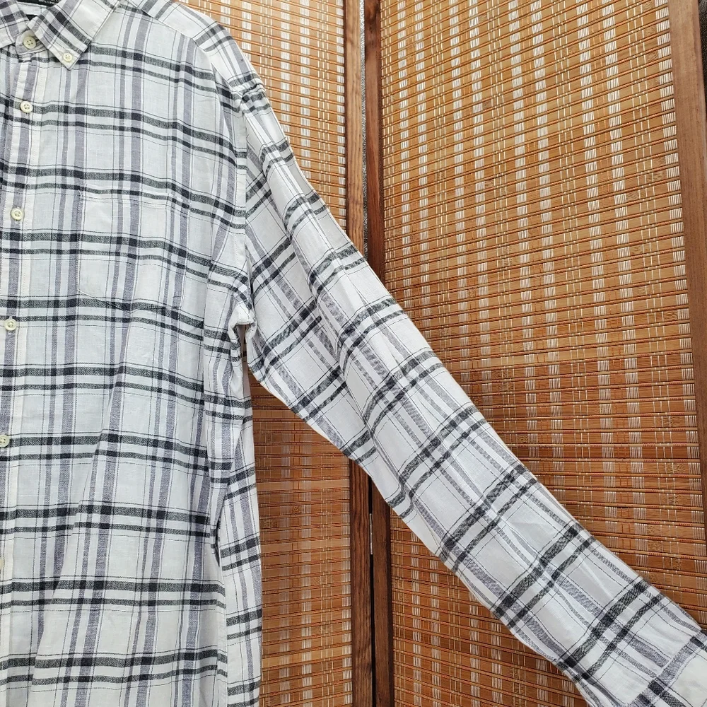 ♧ Banana Republic Camden Fit Linen Plaid Button Down Shirt Size XL White Black